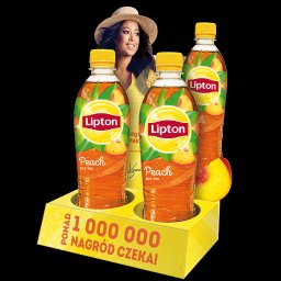Coda Studio - Promocyjna ekspozycja trzech butelek Lipton Peach Ice Tea na żółtym stojaku z hasłem 'Ponad 1 000 000 nagród czeka!' i wizerunkiem uśmiechniętej kobiety w kapeluszu na czarnym tle.