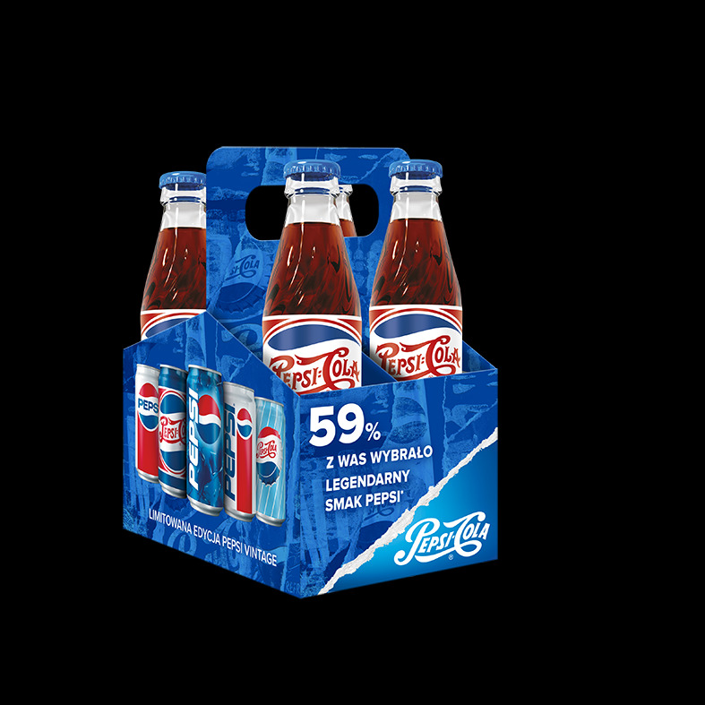 Opakowanie sześciu napojów Pepsi Vintage w szklanych butelkach i puszkach, z dominującym niebieskim tłem i hasłem '59% Z WAS WYBRAŁO LEGENDARNY SMAK PEPSI'.