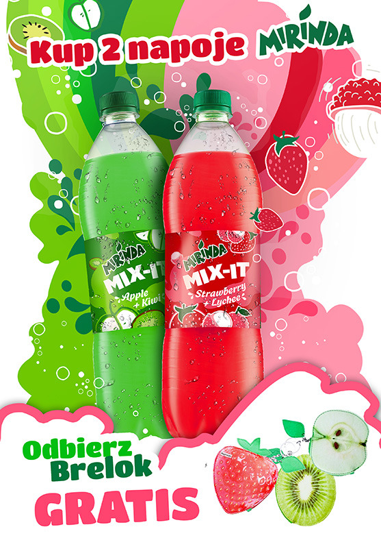 Promocyjna grafika z dwoma butelkami napoju Mirinda Mix-It: zielona o smaku jabłka i kiwi oraz czerwona o smaku truskawki i liczi, z hasłem 'Kup 2 napoje Mirinda' i informacją o darmowym breloku.