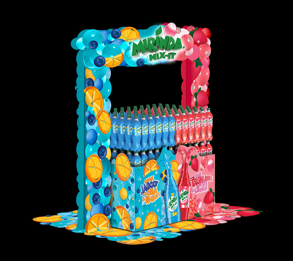 Promocyjna ekspozycja napojów Mirinda Mix-It z motywami owocowymi: niebieska strona z jagodami i pomarańczami, różowa ze smakiem truskawkowym, otoczona balonami i grafikami owoców.