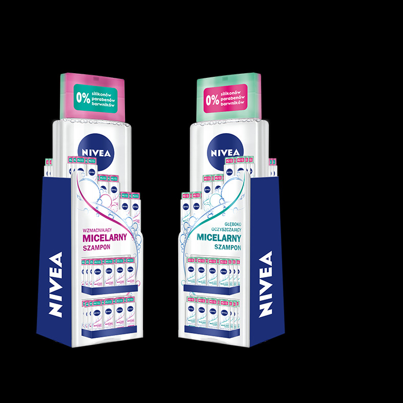 Ekspozycja dwóch standów reklamowych z szamponami micelarnymi Nivea, prezentowanych na czarnym tle, z uwzględnieniem informacji o braku silikonów, parabenów i barwników.