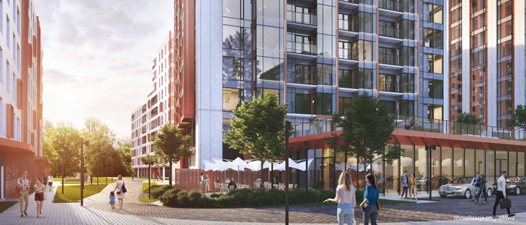 Wizualizacja osiedla mieszkaniowego z budynkami żelbetowymi o nowoczesnej architekturze, z przeszklonymi fasadami i elementami w kolorze czerwonym, otoczonego zielenią i przestrzenią rekreacyjną.