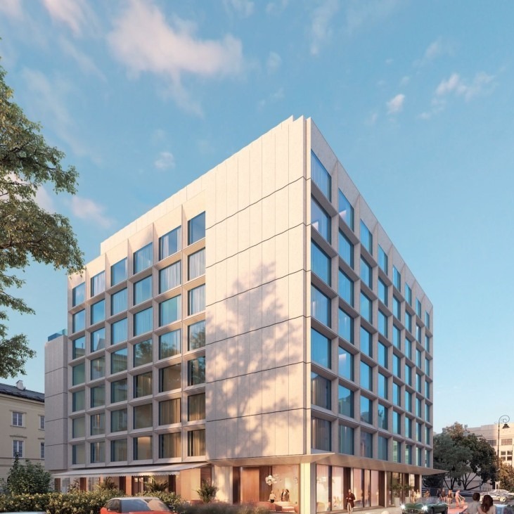 Wizualizacja nowoczesnego, wielopiętrowego budynku z betonu architektonicznego, z licznymi oknami, widok z poziomu ulicy z przechodniami i samochodami.