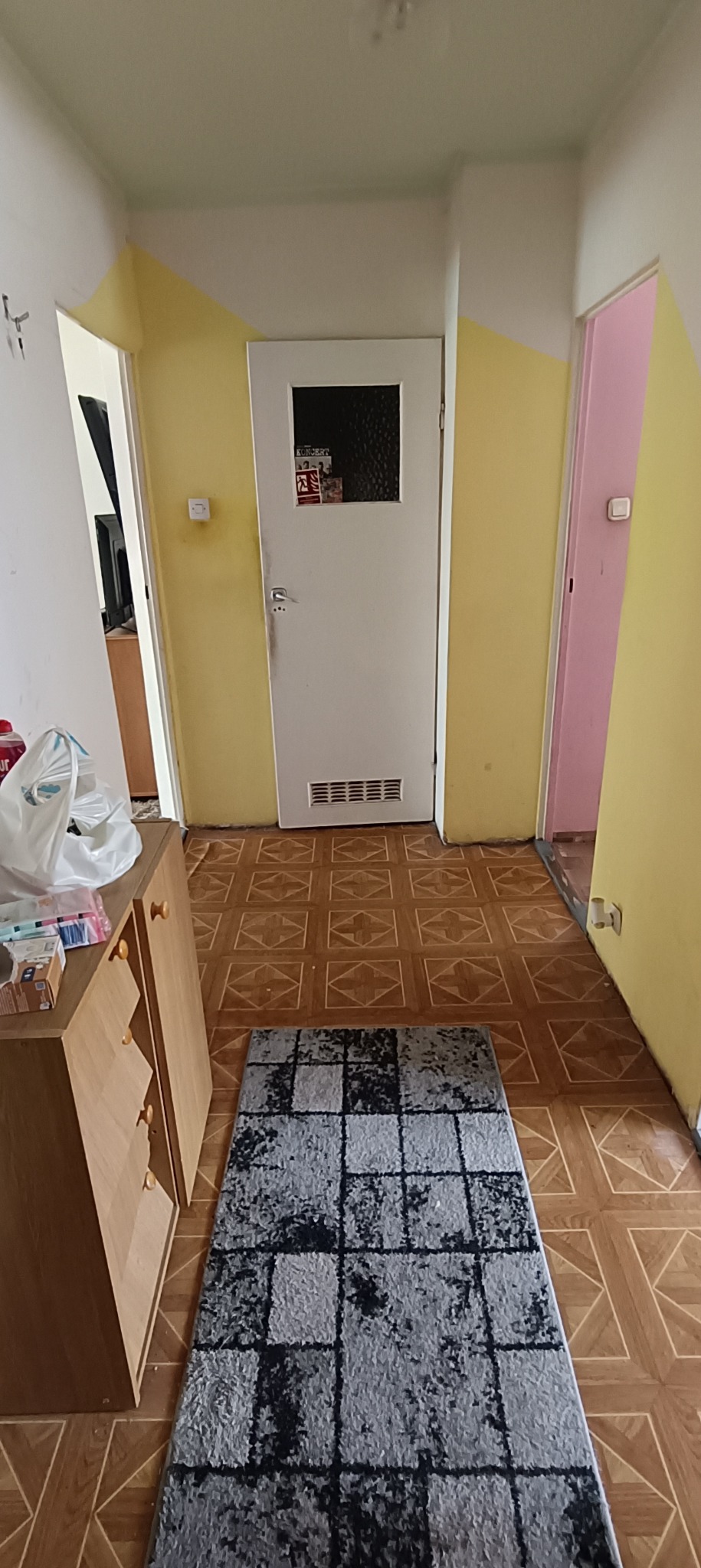 Korytarz z żółtymi ścianami, brązową podłogą w geometryczne wzory i szarym dywanem w kratę. Widoczne drzwi wejściowe z szybą i naklejkami oraz drzwi do innego pomieszczenia z różową ścianą.