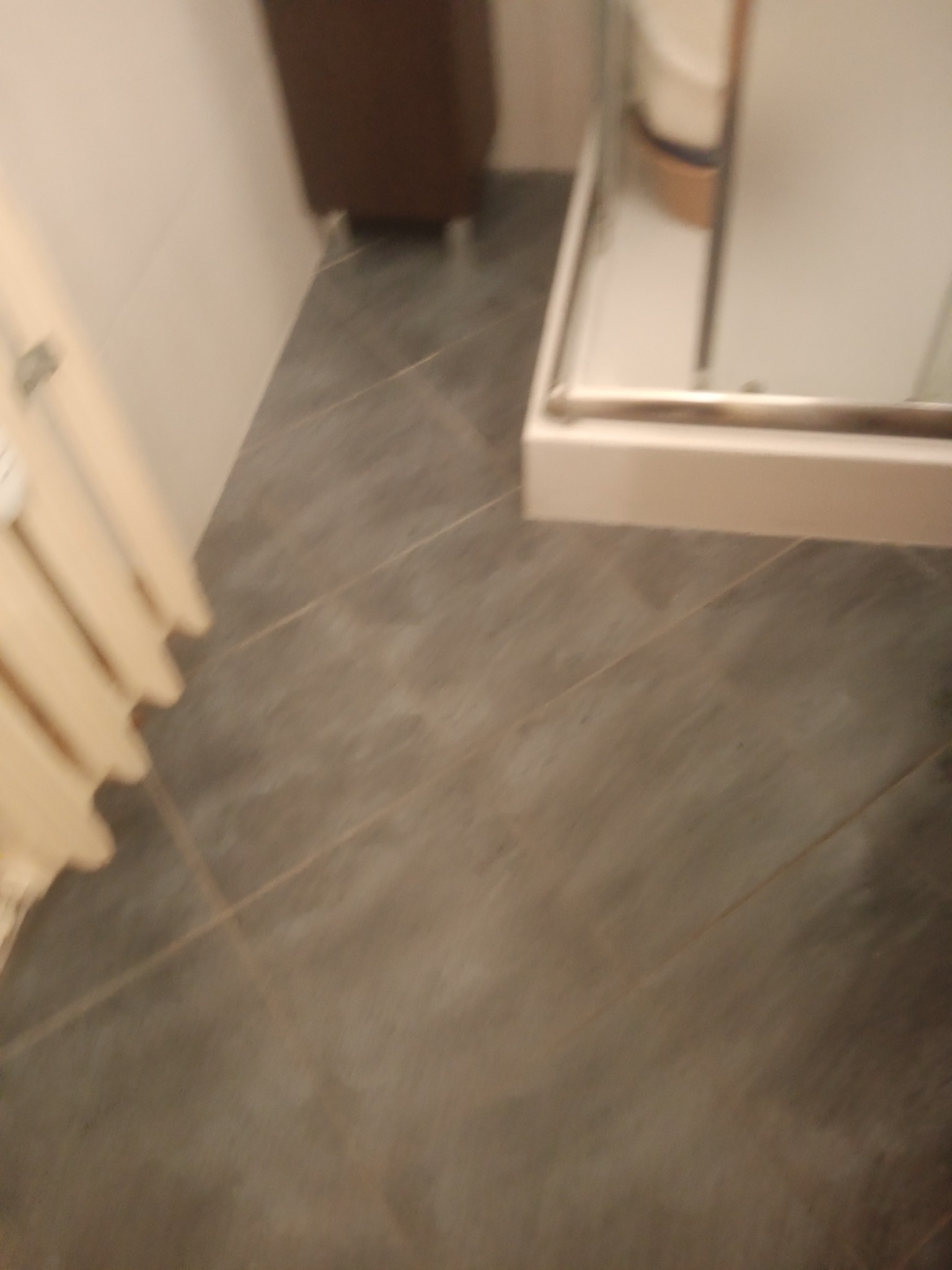 Szare płytki podłogowe w łazience, widoczny fragment kabiny prysznicowej i grzejnika.