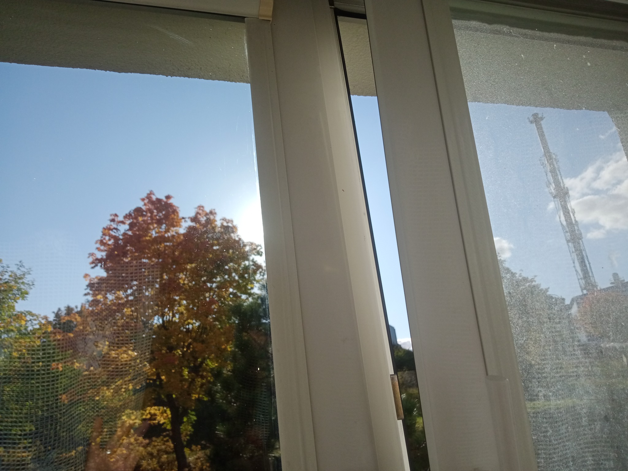 Widok z okna z brudną szybą na drzewo z jesiennymi liśćmi i wieżę transmisyjną w oddali.