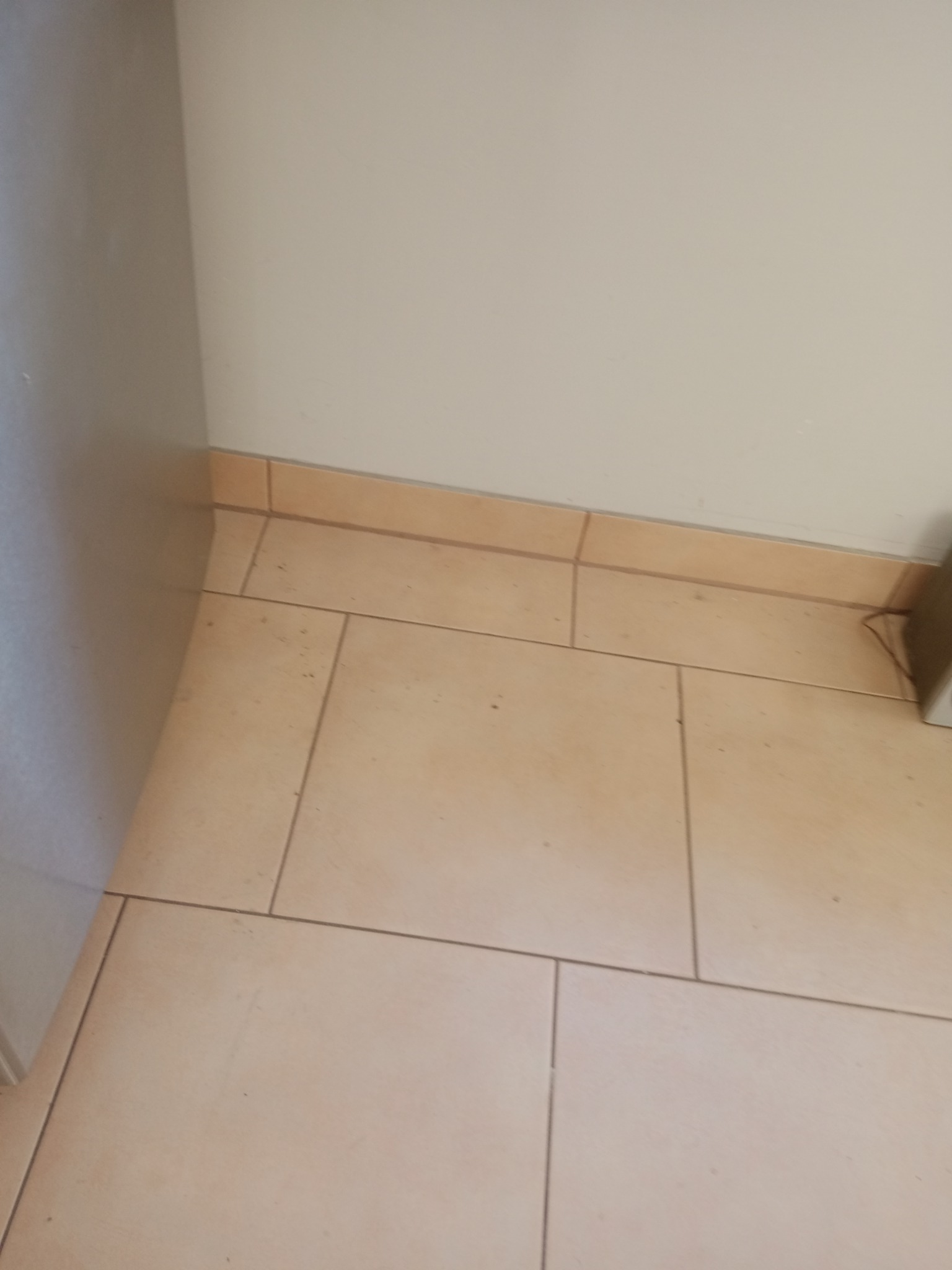 Beżowe płytki podłogowe z ciemniejszymi fugami, widoczne zabrudzenia w narożniku ściany i przy listwie przypodłogowej.