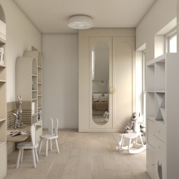 MAZZANI SPÓŁKA Z OGRANICZONĄ ODPOWIEDZIALNOŚCIĄ - Jasny pokój dziecięcy z biurkiem, krzesłami w kształcie królików, szafą z lustrem i zabawkami. Neutralna kolorystyka, drewniana podłoga.