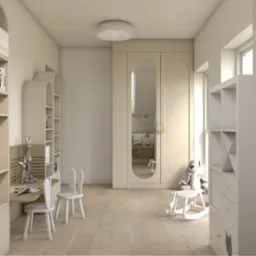 Jasny pokój dziecięcy z biurkiem, krzesłami w kształcie królików, szafą z lustrem i zabawkami. Neutralna kolorystyka, drewniana podłoga.