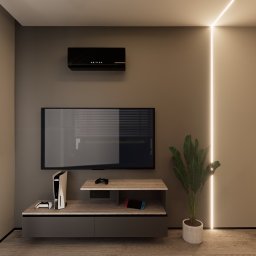 MAZZANI SPÓŁKA Z OGRANICZONĄ ODPOWIEDZIALNOŚCIĄ - Pokój gracza z plakatem Darth Vadera, konsolą PS5, Nintendo Switch, minimalistyczną szafką RTV i pionową linią LED na ścianie. Nowoczesne wnętrze.