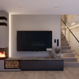 Nowoczesny salon z kominkiem, telewizorem i schodami. Minimalistyczny design, drewniane wykończenia i subtelne oświetlenie tworzą przytulną atmosferę.