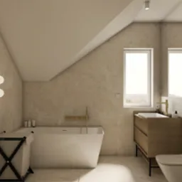 Jasna łazienka na poddaszu z wanną, umywalką z szafką z drewna i toaletą. Beżowe płytki na ścianach i podłodze. Dwa okna wpuszczają naturalne światło.