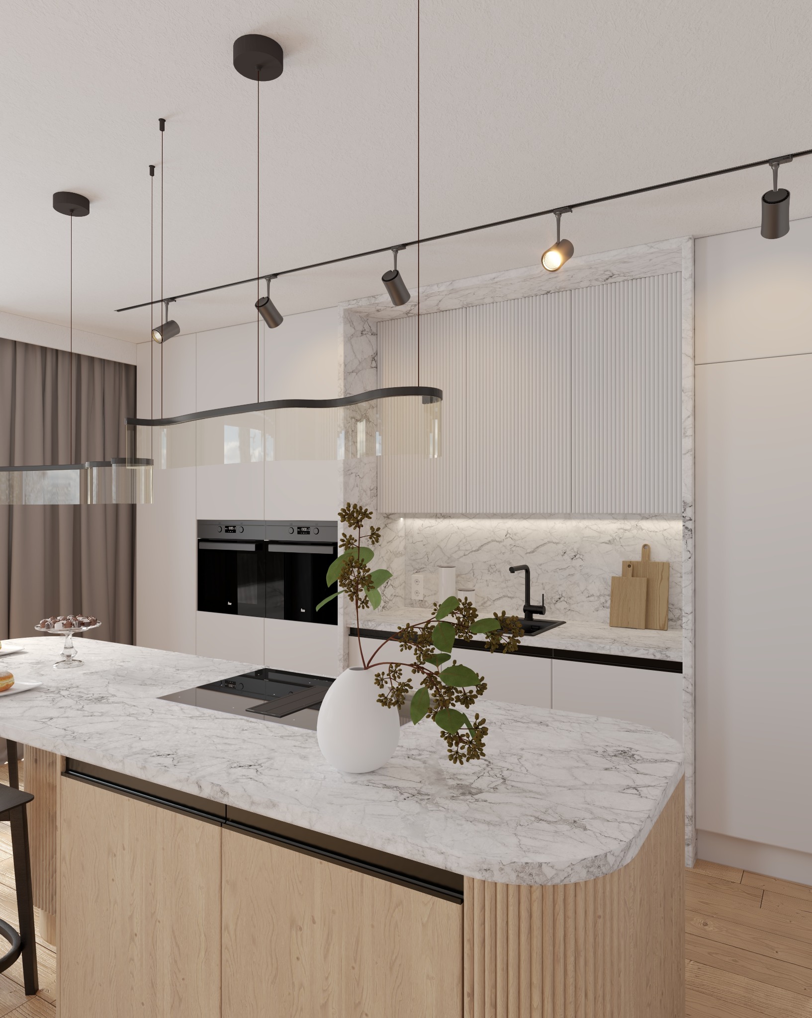 Nowoczesna kuchnia z wyspą: marmurowy blat, drewniane fronty, czarne oświetlenie szynowe. Minimalistyczny design, eleganckie wykończenie. Roślina w wazonie na wyspie.