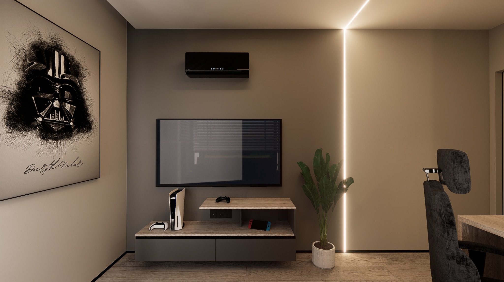 Pokój gracza z plakatem Darth Vadera, konsolą PS5, Nintendo Switch, minimalistyczną szafką RTV i pionową linią LED na ścianie. Nowoczesne wnętrze.