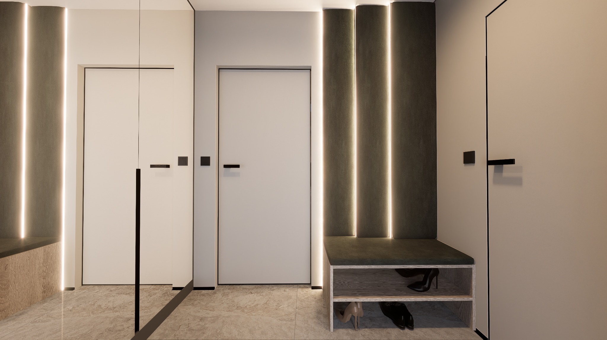 Minimalistyczny przedpokój: białe drzwi, szara ściana z podświetleniem LED, ławka z półkami na buty, lustro. Nowoczesny design z dbałością o detale i oświetlenie.