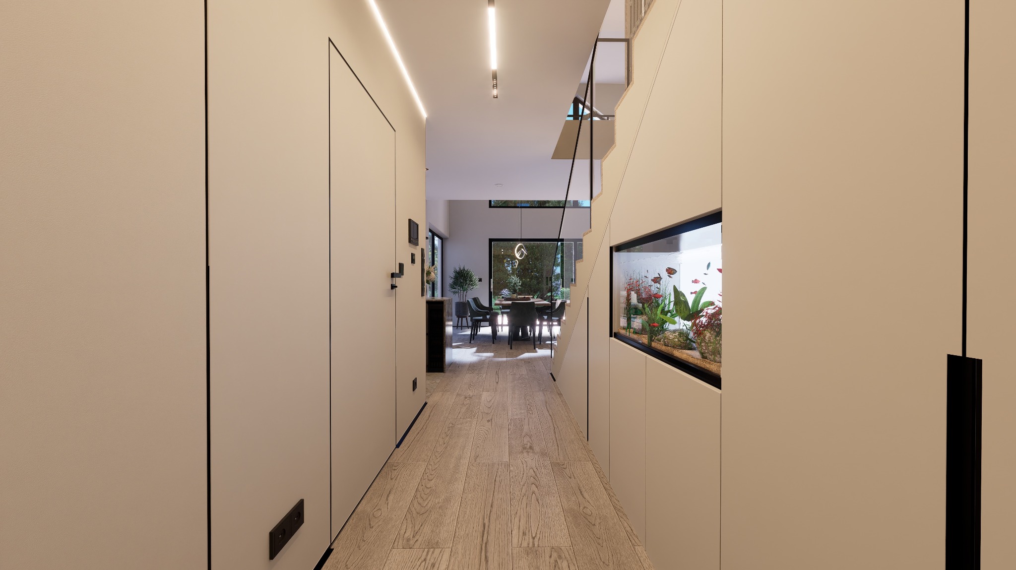 Minimalistyczny korytarz z drewnianą podłogą, oświetleniem LED i akwarium w zabudowie. W tle widoczna jadalnia z czarnymi krzesłami i roślinami doniczkowymi.