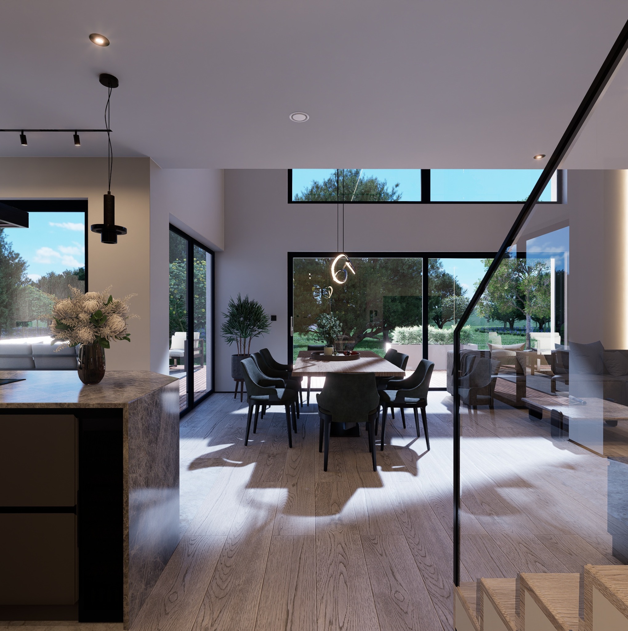 Nowoczesna jadalnia z dużym oknem i widokiem na ogród. Stół otoczony krzesłami, nad nim designerska lampa. Parkiet na podłodze, minimalistyczny wystrój.