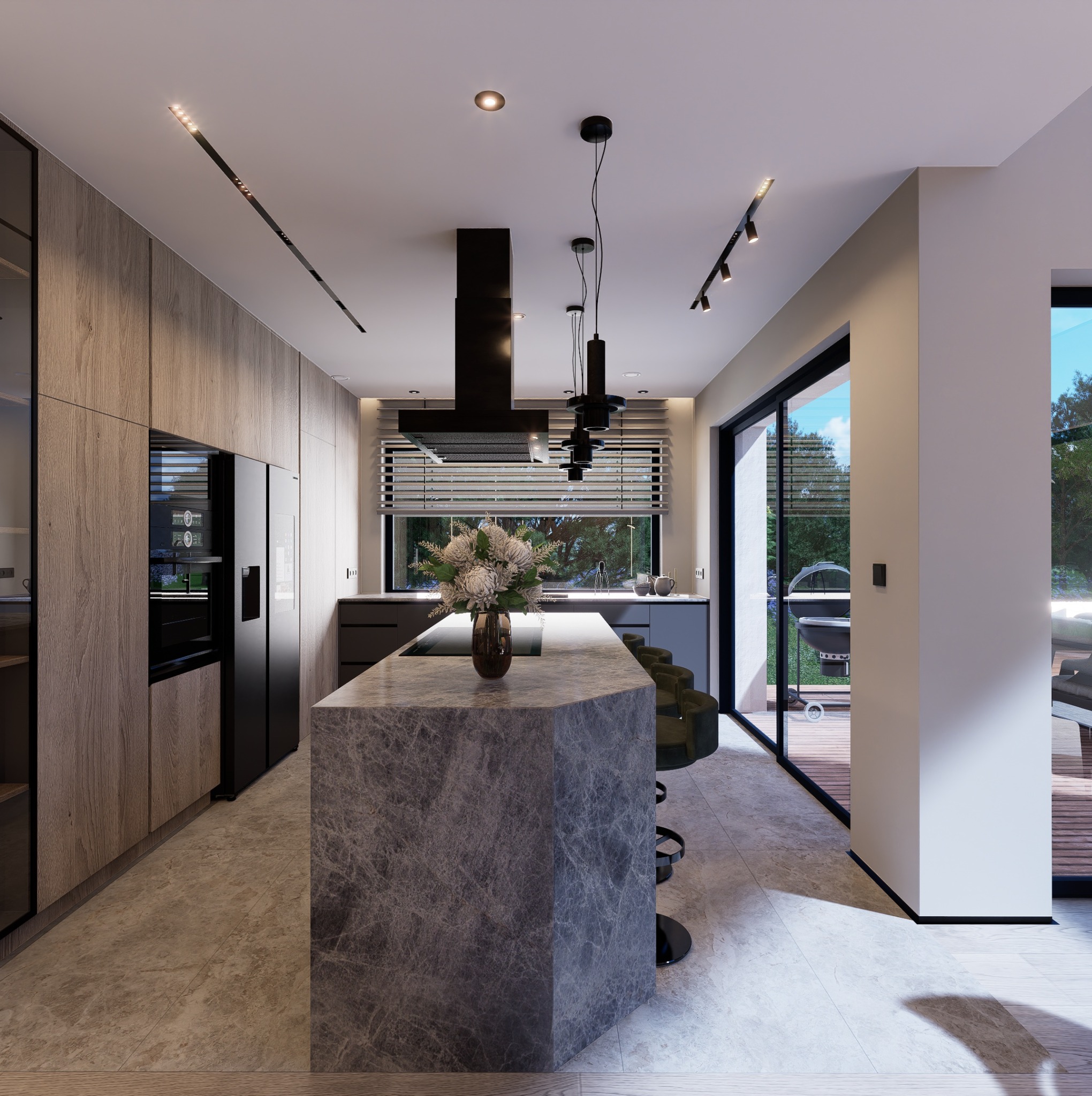 Nowoczesna kuchnia z wyspą z szarego marmuru, drewnianymi szafkami i dużym oknem z widokiem na taras. Minimalistyczne oświetlenie punktowe i wiszące lampy.