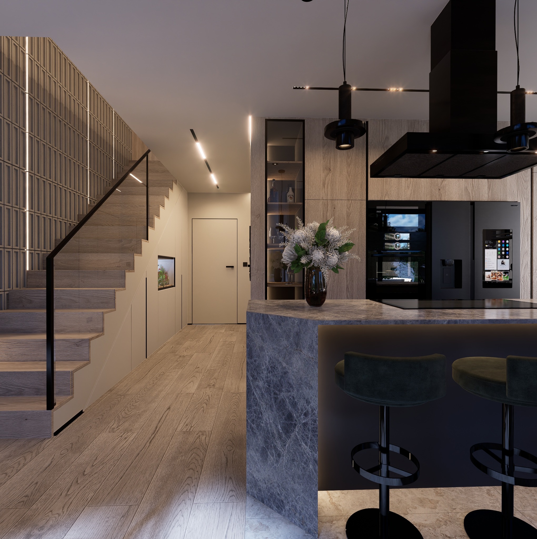 Nowoczesne wnętrze: schody z podświetlaną ścianą, kuchnia z czarnym okapem i wyspą z marmuru, minimalistyczny design, oświetlenie LED.