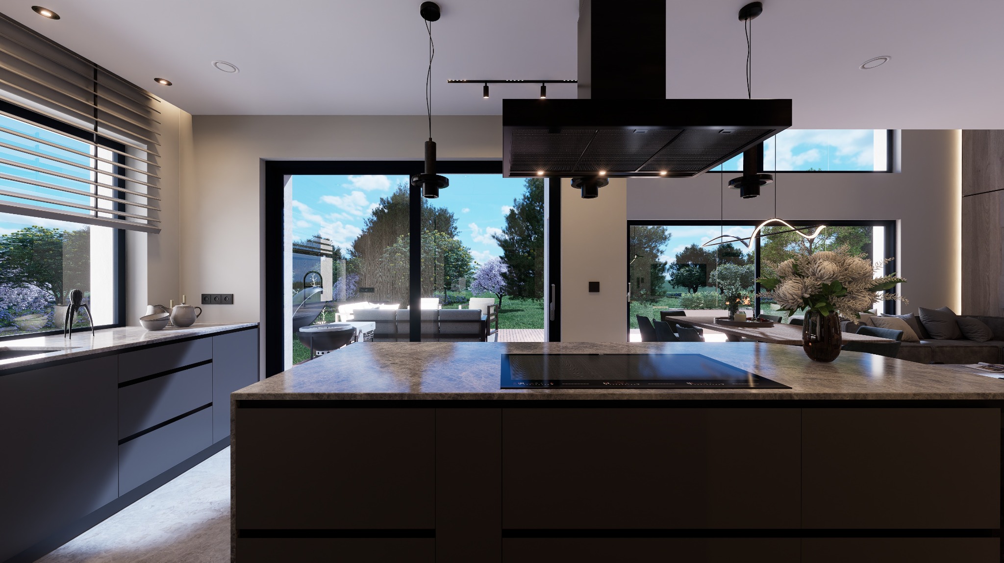 Nowoczesna kuchnia z wyspą i widokiem na ogród. Minimalistyczny design, czarne akcenty oświetleniowe i sprzęt AGD. Jasne wnętrze z naturalnym światłem.