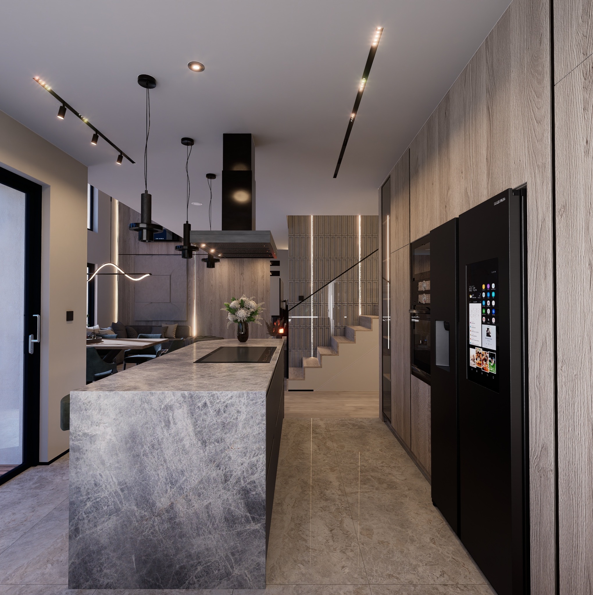 Nowoczesna kuchnia z marmurową wyspą, czarną lodówką z ekranem dotykowym i oświetleniem LED. Widok na schody i salon w tle. Drewniane panele ścienne.