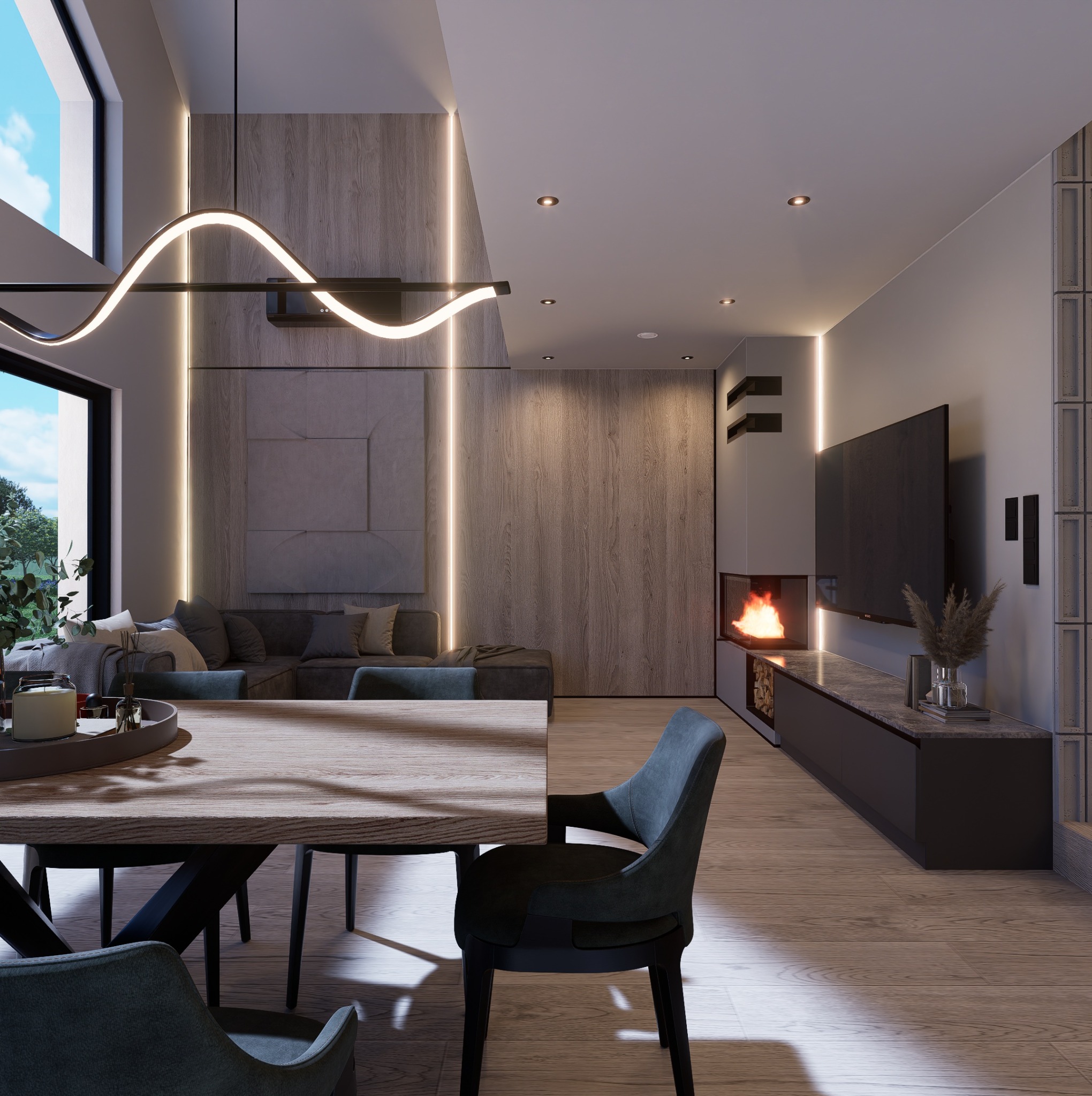 Nowoczesna aranżacja salonu z jadalnią: drewniane panele, kominek, telewizor, oświetlenie LED i stół z krzesłami w odcieniach szarości i zieleni. Minimalistyczny design.