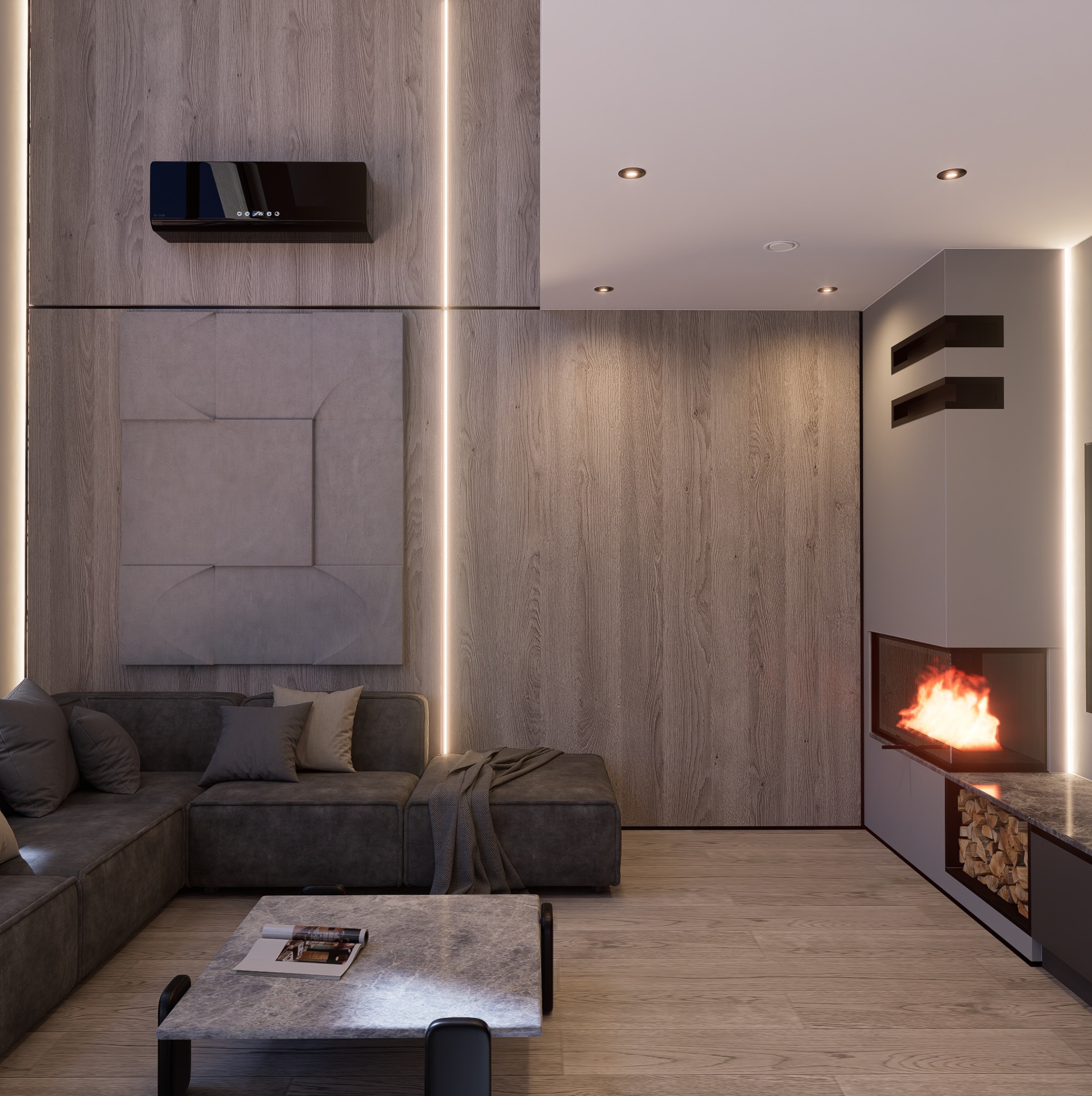 Nowoczesny salon z drewnianą okładziną ścienną, minimalistycznym kominkiem i szarą sofą narożną. Subtelne oświetlenie LED podkreśla fakturę drewna i geometryczny design.