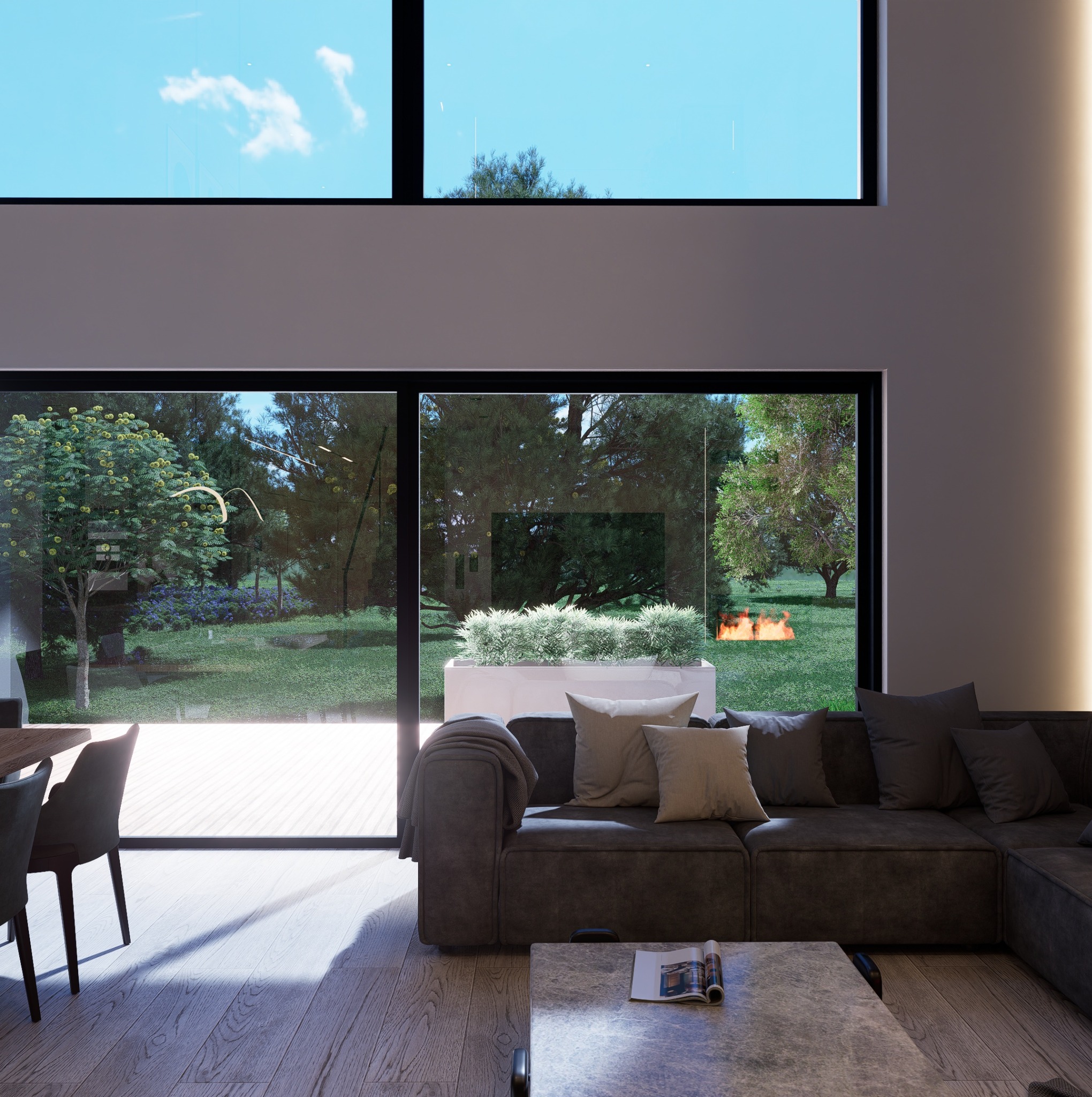 Wnętrze salonu z dużym oknem na ogród, sofa narożna i stolik kawowy z magazynem. Nowoczesny design, jasne drewniane podłogi, neutralna kolorystyka.