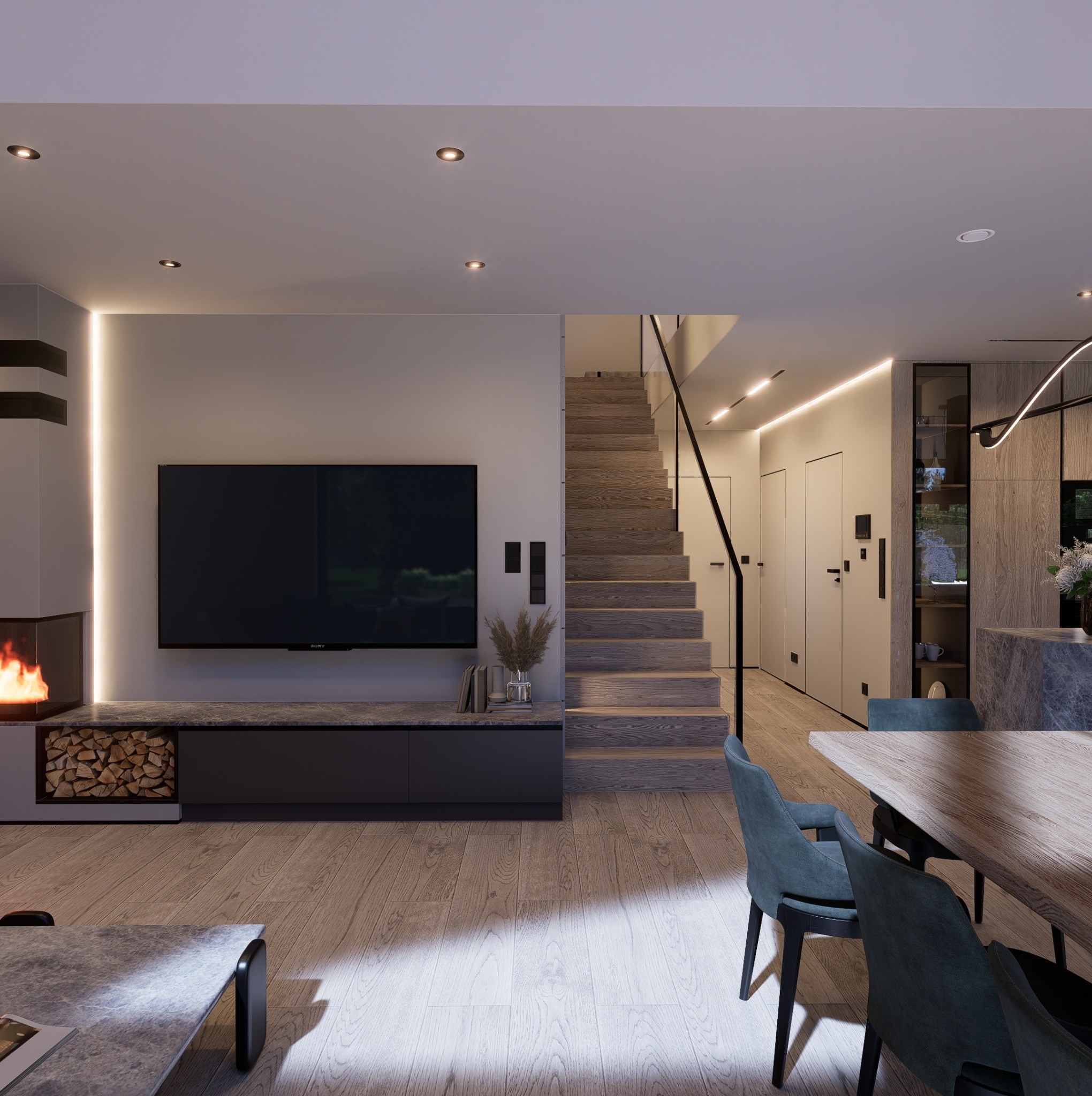 Nowoczesne wnętrze domu: kominek z drewnem, telewizor, schody z przeszkloną balustradą, jadalnia. Ciepłe oświetlenie podkreśla drewniane wykończenia.
