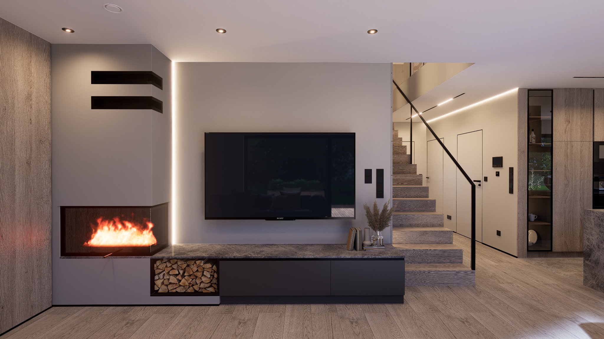 Nowoczesny salon z kominkiem, telewizorem i schodami. Minimalistyczny design, drewniane wykończenia i subtelne oświetlenie tworzą przytulną atmosferę.