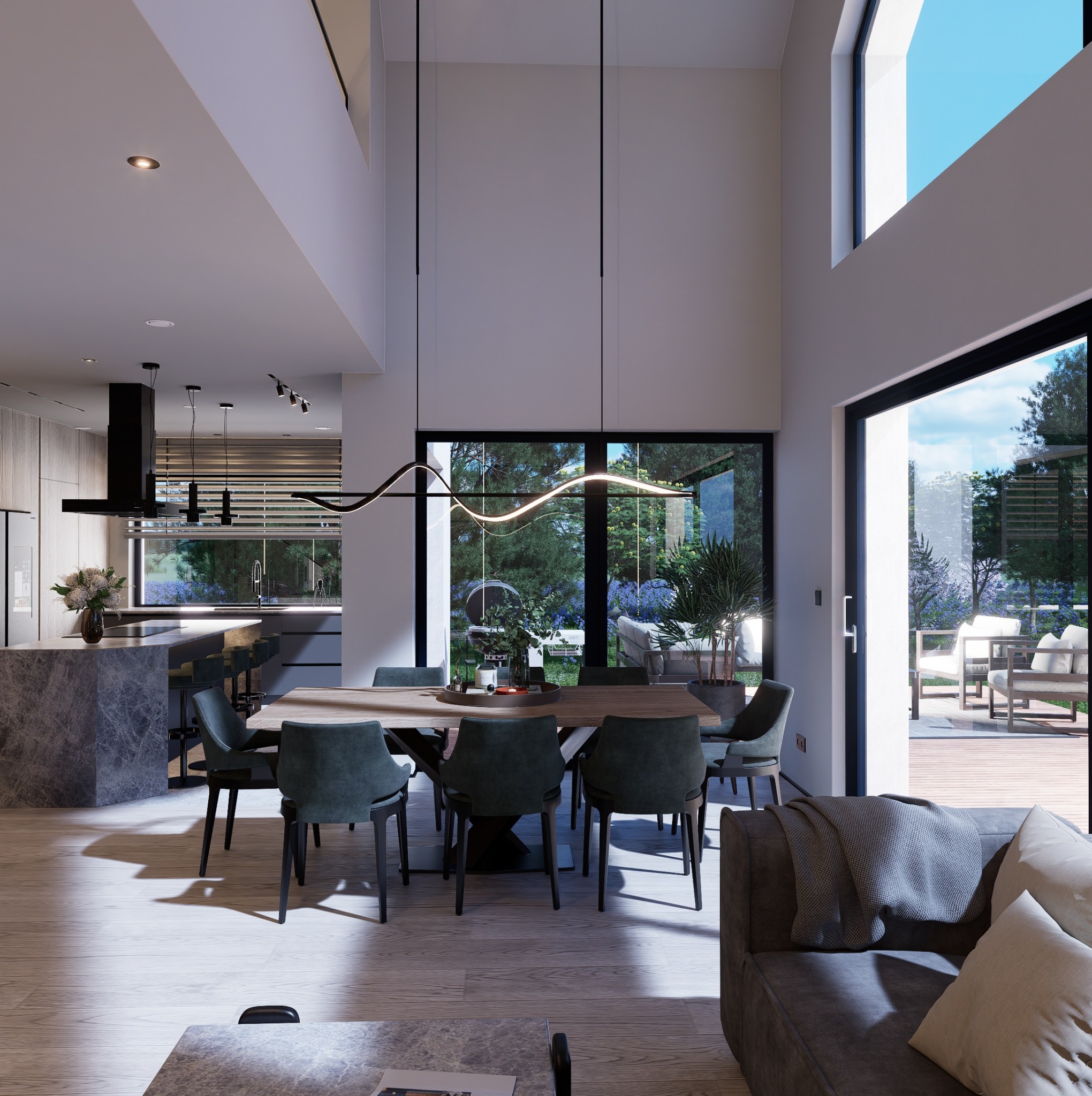 Przestronne, nowoczesne wnętrze z otwartą kuchnią, jadalnią i salonem. Duże okna z widokiem na ogród, designerskie oświetlenie, marmurowy blat i minimalistyczny wystrój.