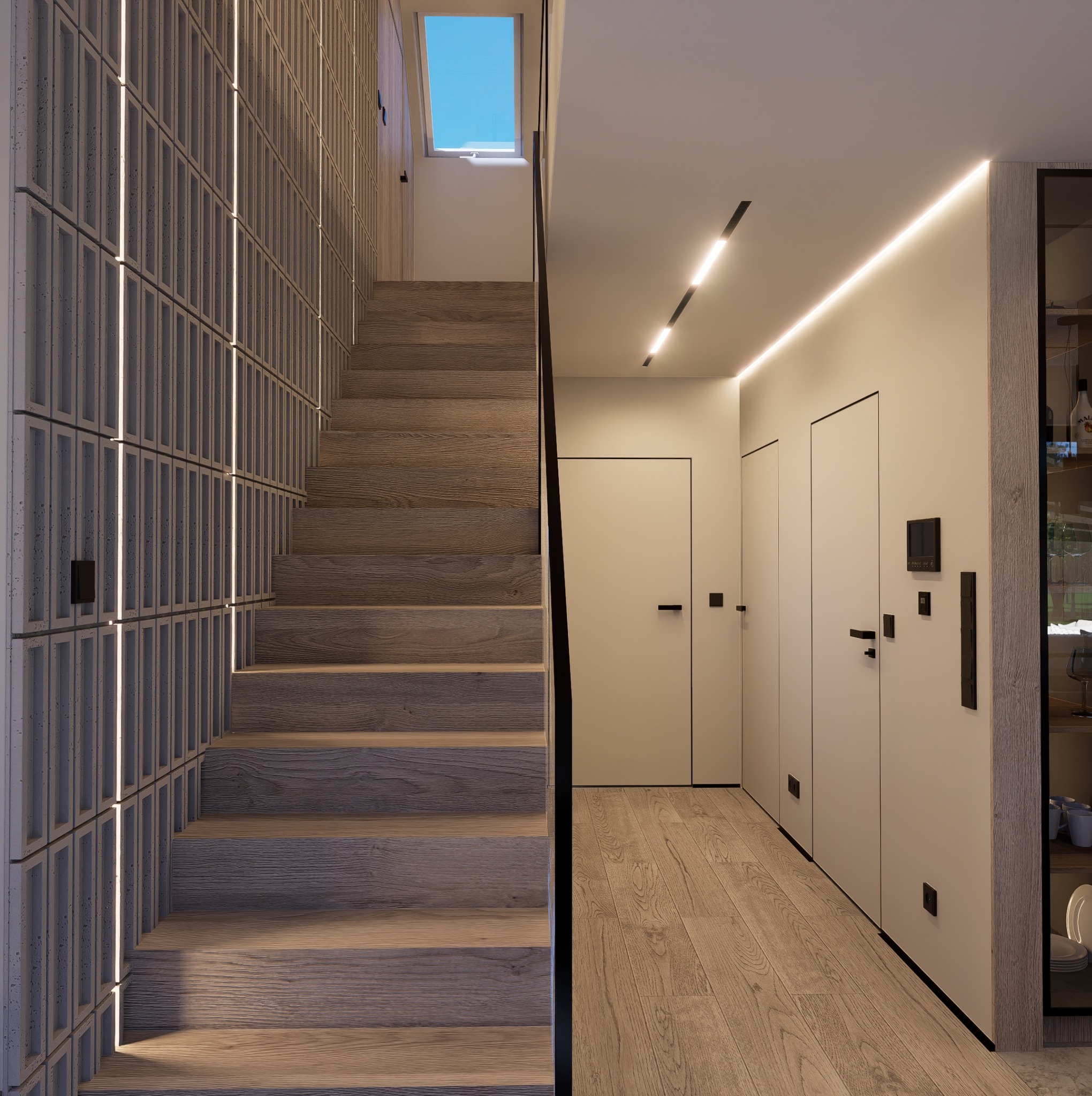 Nowoczesne schody z drewnianymi stopniami i betonową ścianą z podświetleniem LED w minimalistycznym wnętrzu. Widoczny parkiet i drzwi.