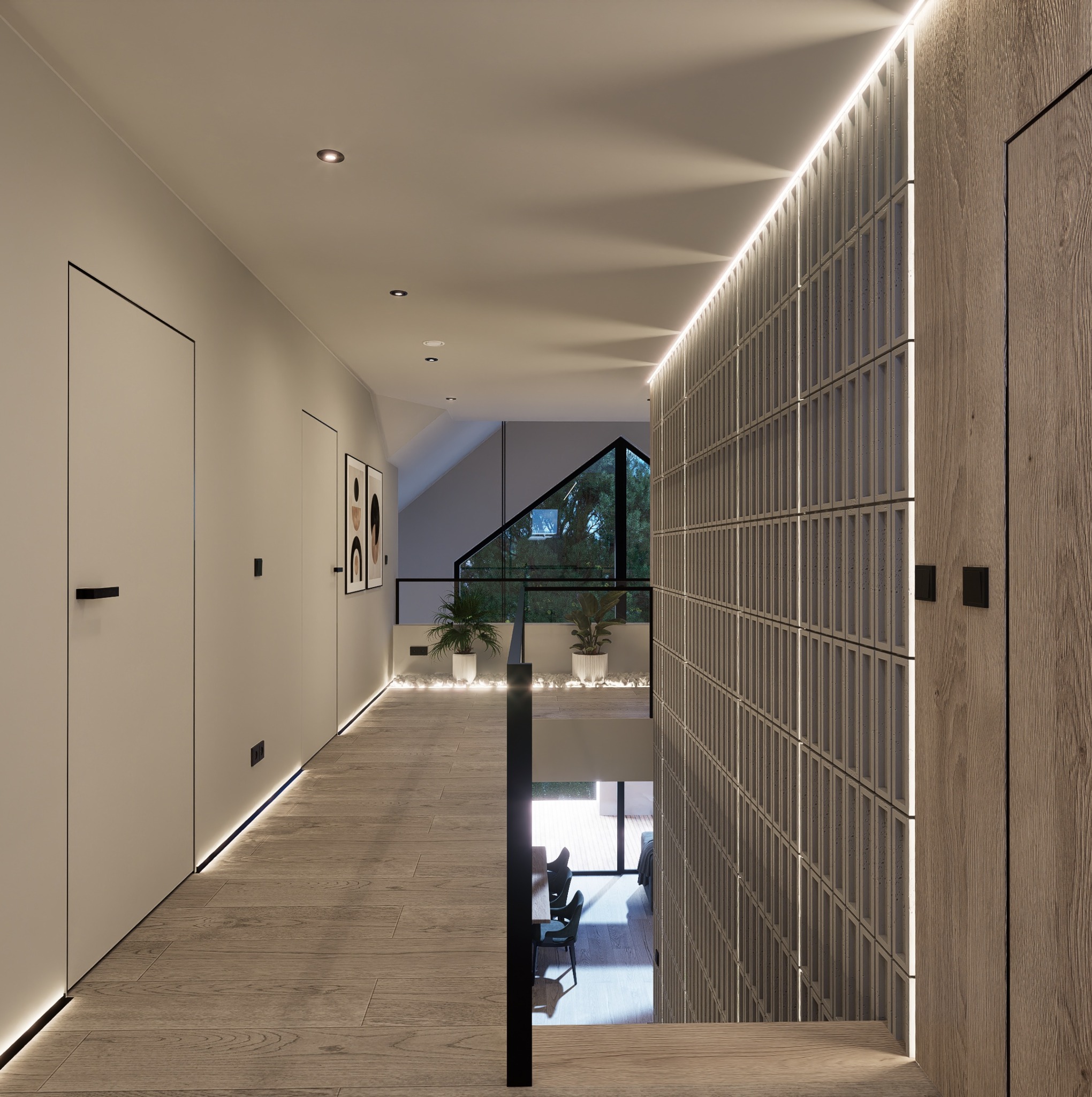 Nowoczesny korytarz z drewnianą podłogą i panelami ściennymi z subtelnym oświetleniem LED. Widok na przeszkloną antresolę i minimalistyczne drzwi.
