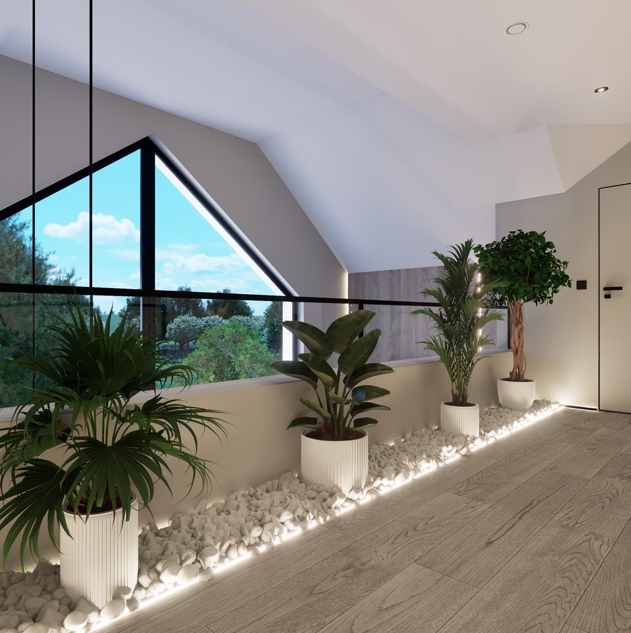 Jasne wnętrze poddasza z dużym oknem, roślinami w białych donicach i dekoracyjnym oświetleniem podłogowym z białych kamieni. Nowoczesny design.