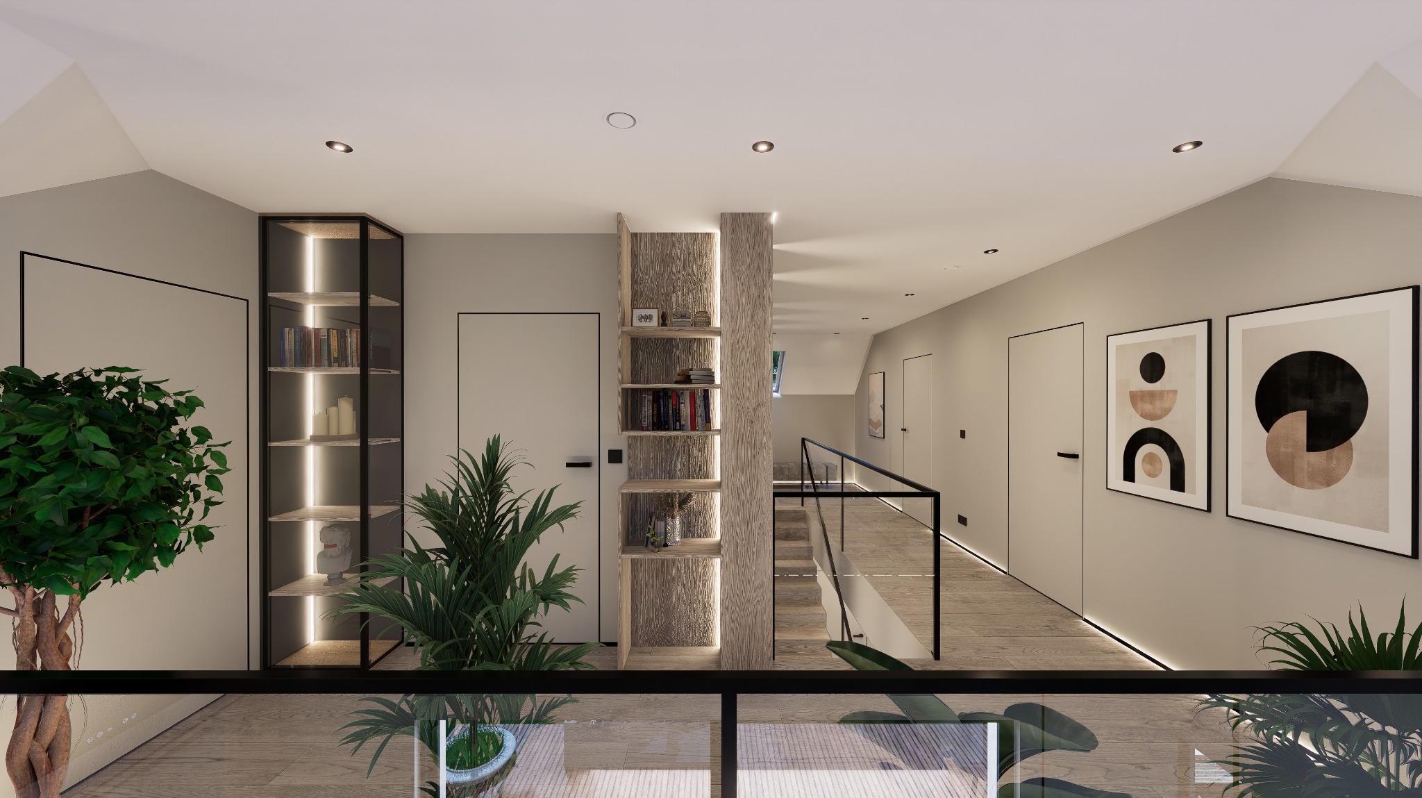 Nowoczesna aranżacja przedpokoju na piętrze z roślinami, oświetlonymi półkami i minimalistycznymi obrazami. Widok z góry, szklane barierki.