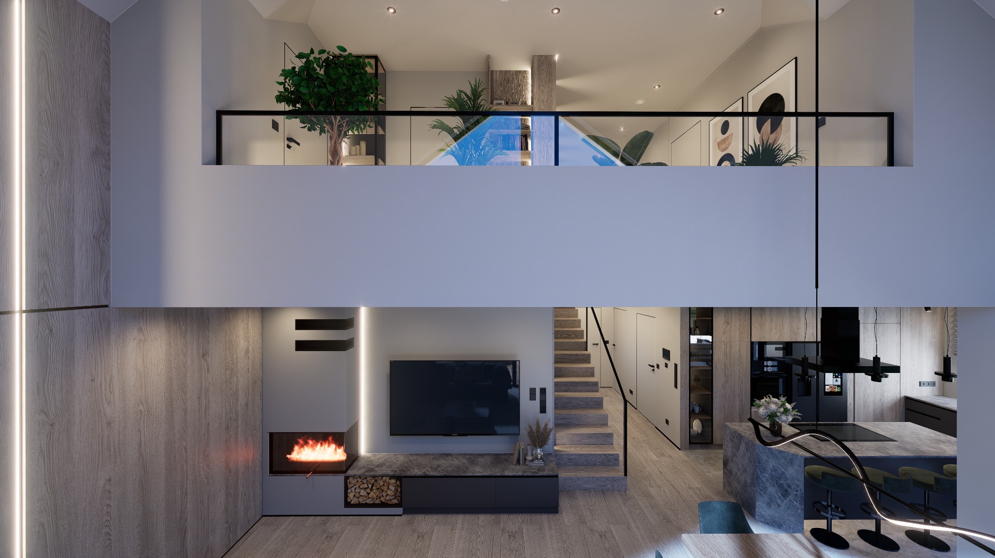 Nowoczesne dwupoziomowe mieszkanie z antresolą. Widok na salon z kominkiem, schody i otwartą kuchnię z wyspą. Minimalistyczny design, ciepłe oświetlenie.