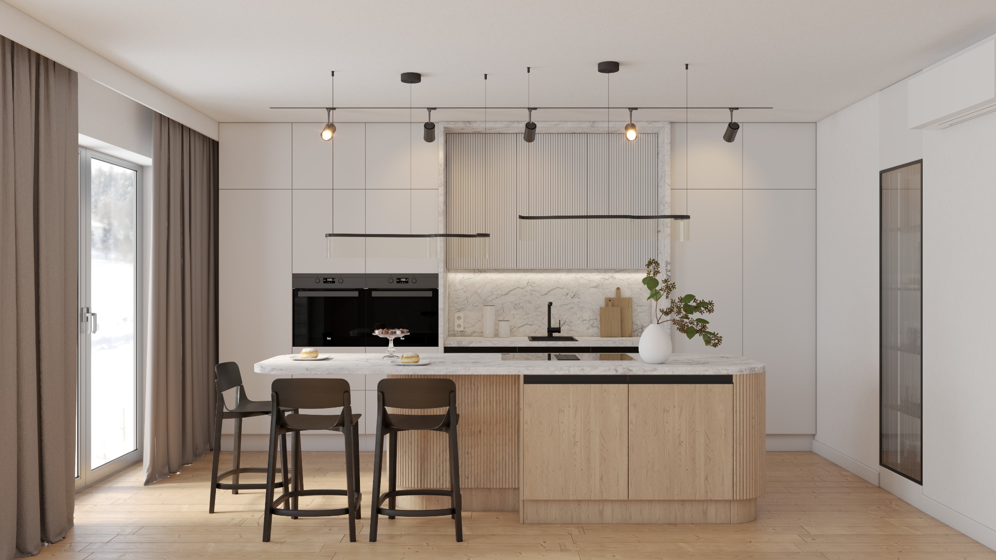 Jasna kuchnia z wyspą, drewnianymi akcentami i marmurowym blatem. Minimalistyczne oświetlenie i nowoczesne krzesła barowe. Widok na okno z zimowym krajobrazem.