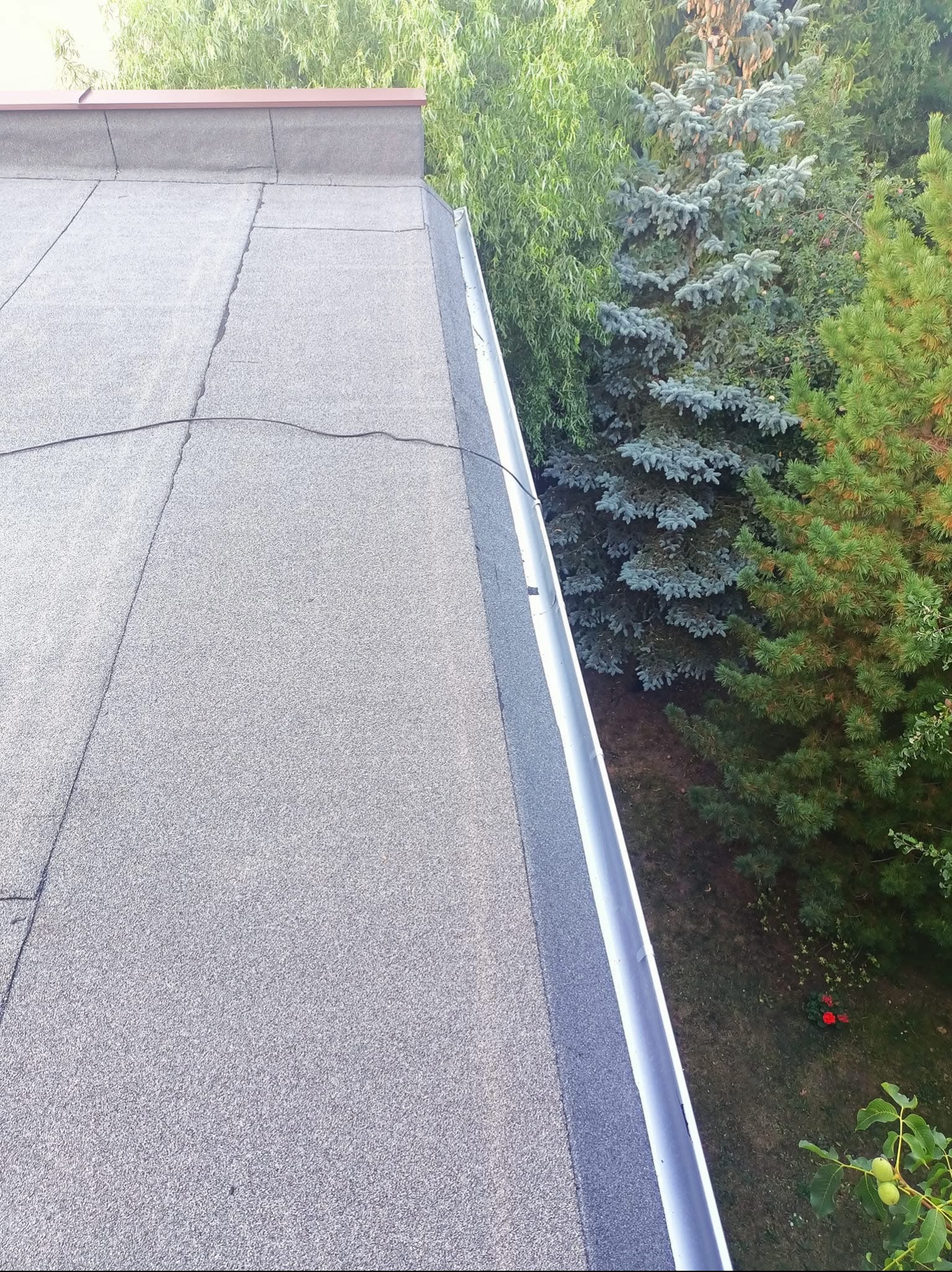 Widok z góry na płaski dach pokryty papą, z widoczną, nową, metalową rynną i zielenią drzew w tle.