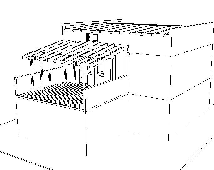Schematyczny rysunek techniczny tarasu z drewnianą pergolą przylegającą do budynku, widok z boku.