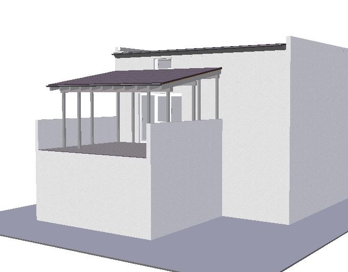Wizualizacja 3D balkonu z zadaszeniem wspartym na słupach, przylegającego do białego budynku mieszkalnego.