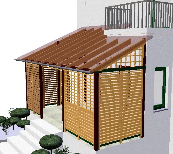 Wizualizacja 3D drewnianej konstrukcji z ażurowymi ścianami i skośnym dachem, przylegającej do budynku z balkonem, widok z zewnątrz.