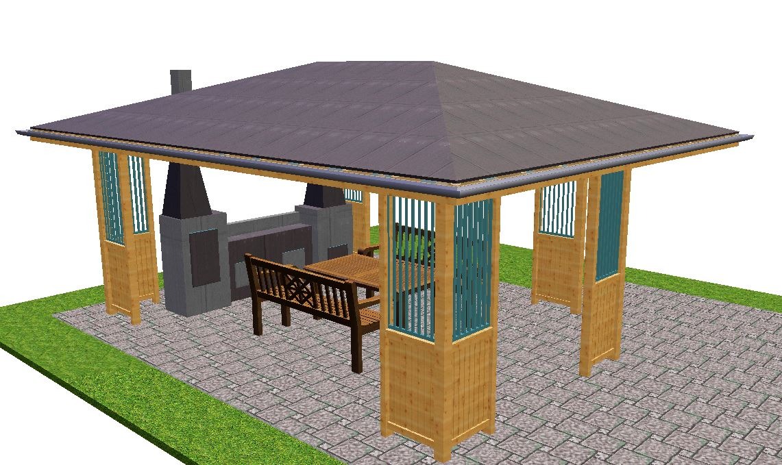 Wizualizacja altany z grillem i drewnianym stołem z ławką w Janowie Lubelskim, otoczonej kostką brukową i trawnikiem.
