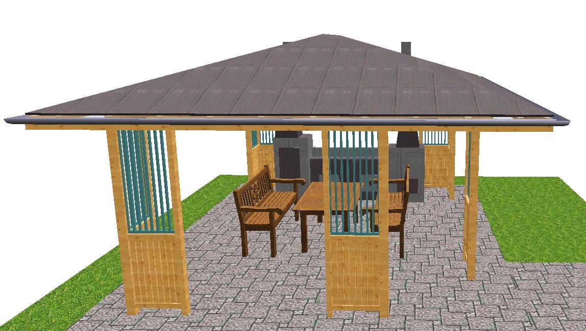 Wizualizacja projektu altany z drewnianą konstrukcją, zadaszeniem z szarej dachówki, drewnianymi ściankami z niebieskimi prętami, stołem, ławką i krzesłami na brukowanej powierzchni.