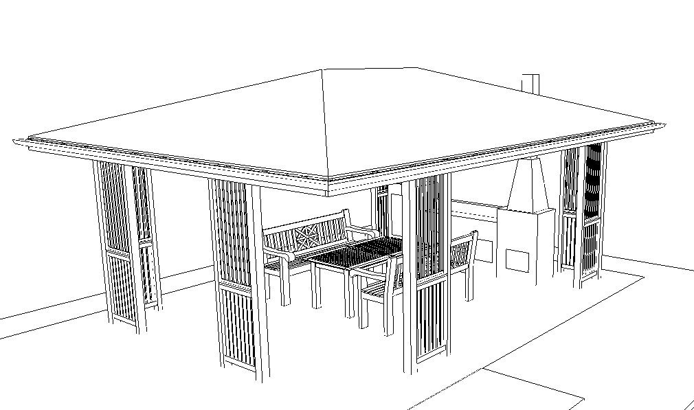 Schemat techniczny altany ogrodowej z grillem, ukazujący konstrukcję z drewnianymi słupkami, zadaszeniem i meblami ogrodowymi wewnątrz.