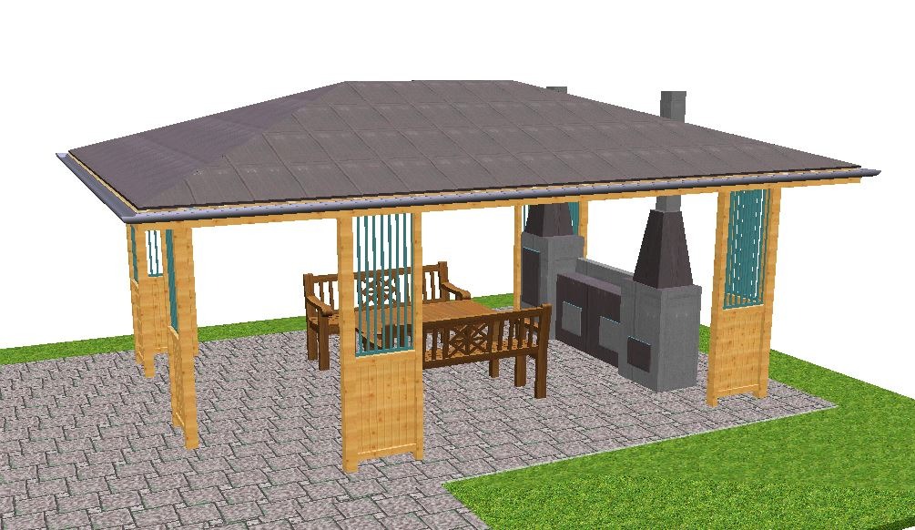 Wizualizacja drewnianej altany z grillem murowanym, brązowym dachem i ażurowymi panelami, na kostce brukowej z trawnikiem.
