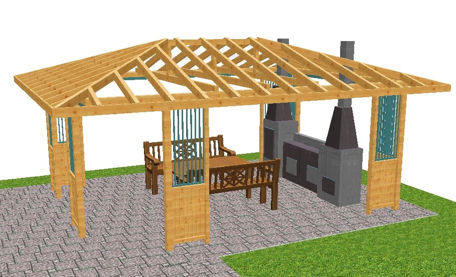 Wizualizacja 3D drewnianej konstrukcji z miejscem do siedzenia i grillem murowanym, ustawionej na szarej kostce brukowej i trawie.