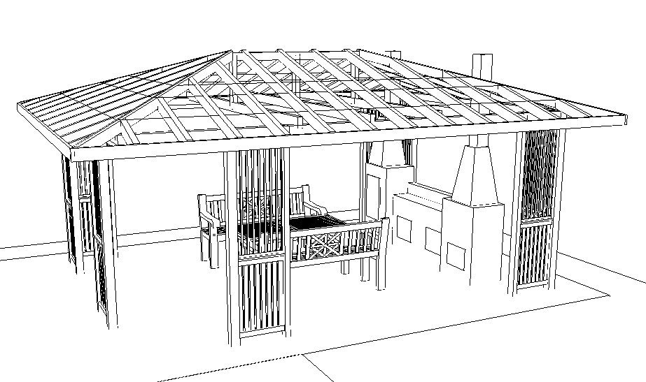 Szkic techniczny zadaszonej konstrukcji z grillem, ławkami i ażurowymi ścianami bocznymi, ukazujący elementy drewniane i komin.