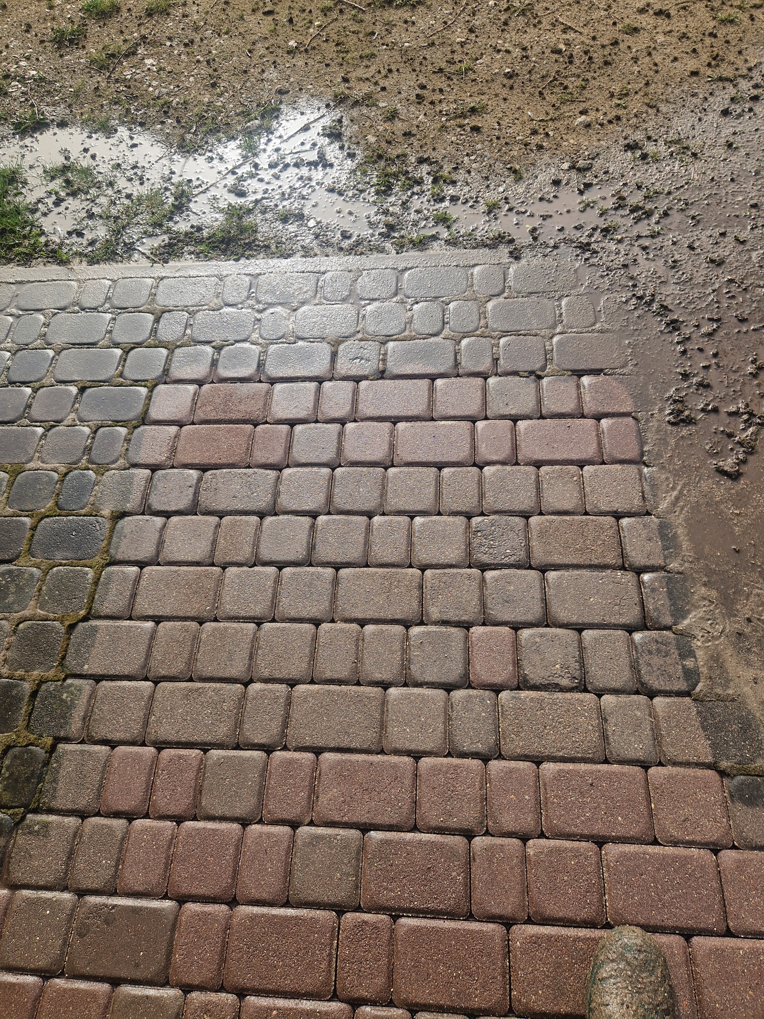 Częściowo oczyszczona kostka brukowa z widocznym brudem i kałużą po prawej stronie, ukazująca efekt przed i po.