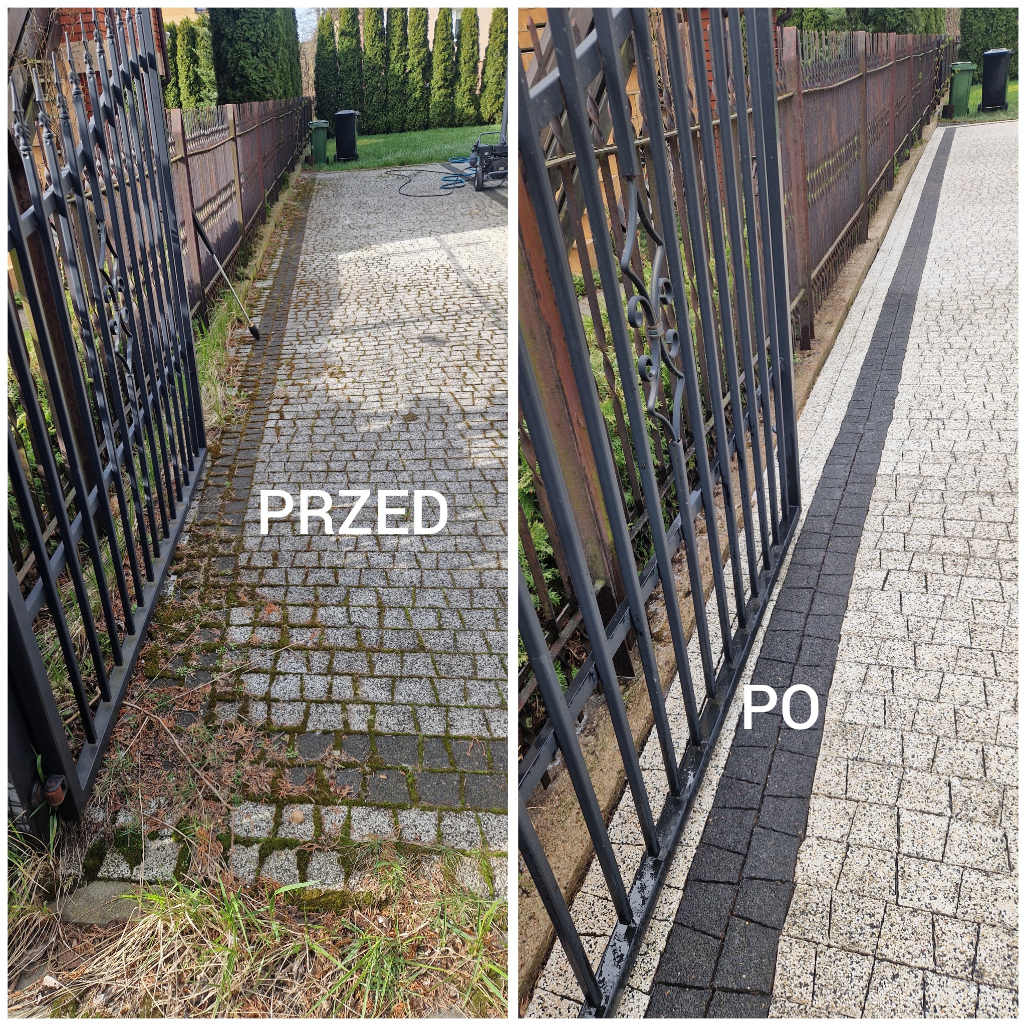 Porównanie stanu chodnika z kostki brukowej przed i po czyszczeniu, widoczne zabrudzenia i porosty usunięte, czysta powierzchnia, brama w tle.