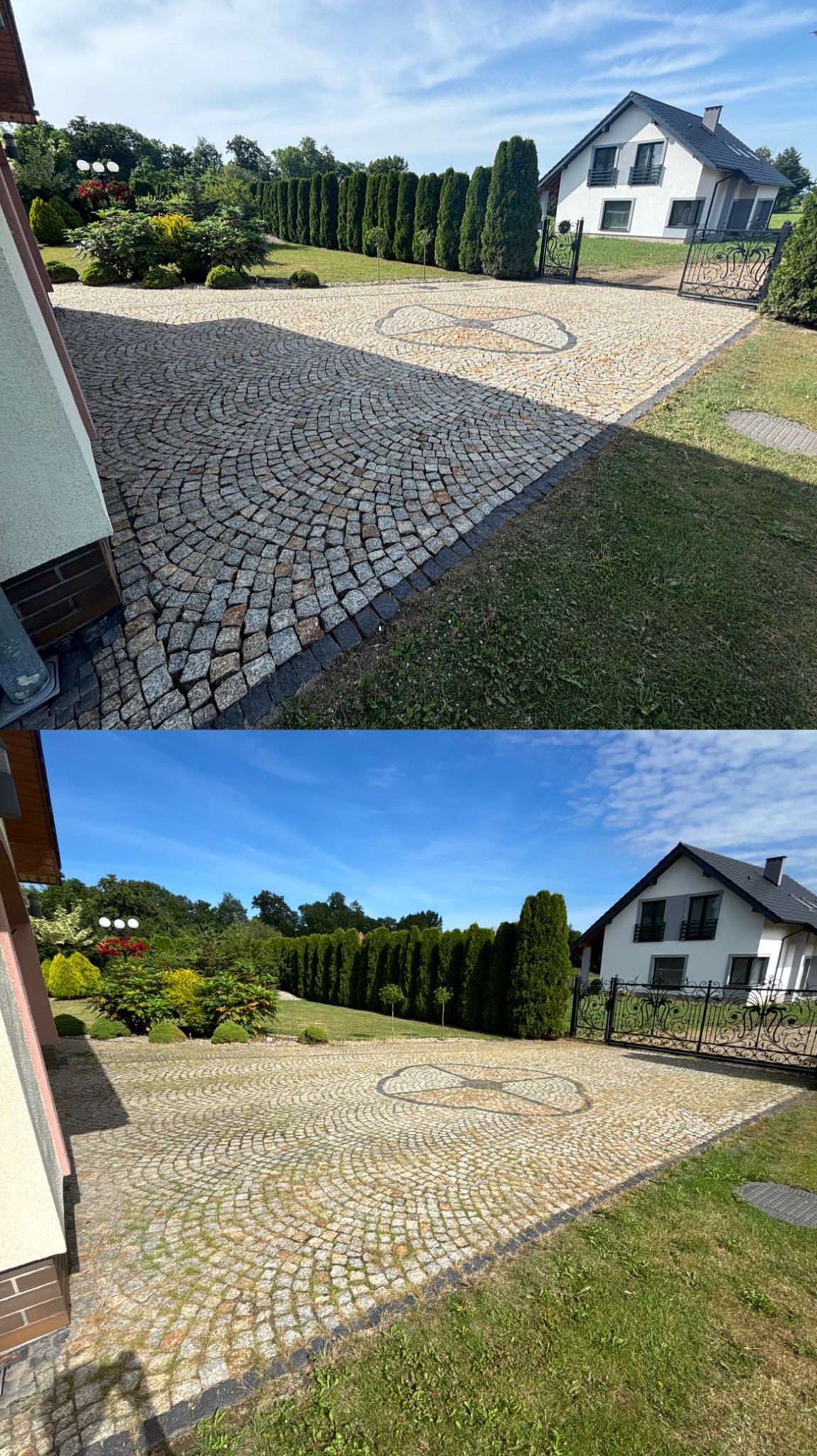 Porównanie stanu kostki brukowej przed i po czyszczeniu: widoczna różnica w kolorze i usunięte zabrudzenia na podjeździe z ozdobnym wzorem w kształcie kwiatu, na tle domu jednorodzinnego i żywopłotu.